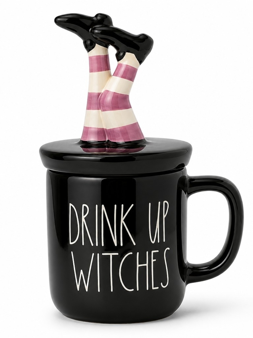 Rae Dunn Drink Up Witches Halloween Mug Witches Legs Lid Black Purple